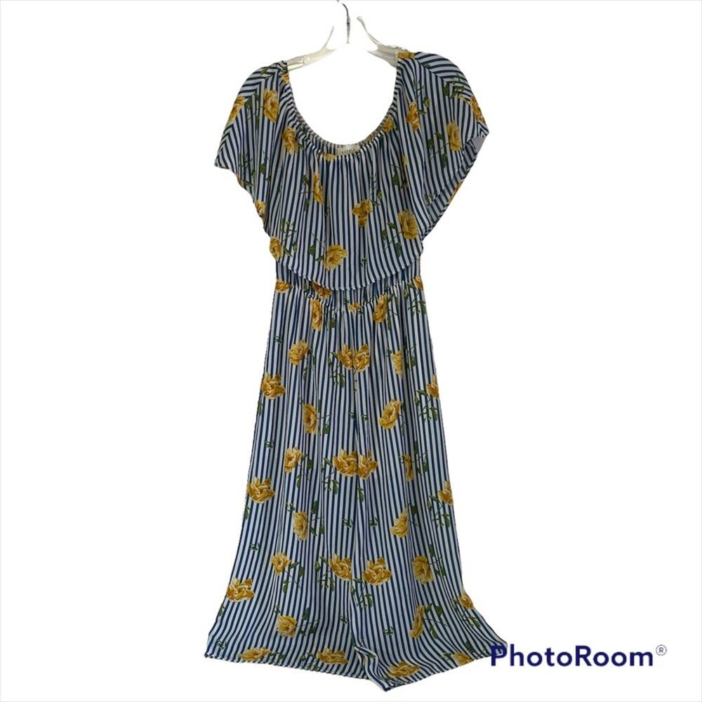 Everly Hanna off the shoulder floral and stripped jump suit